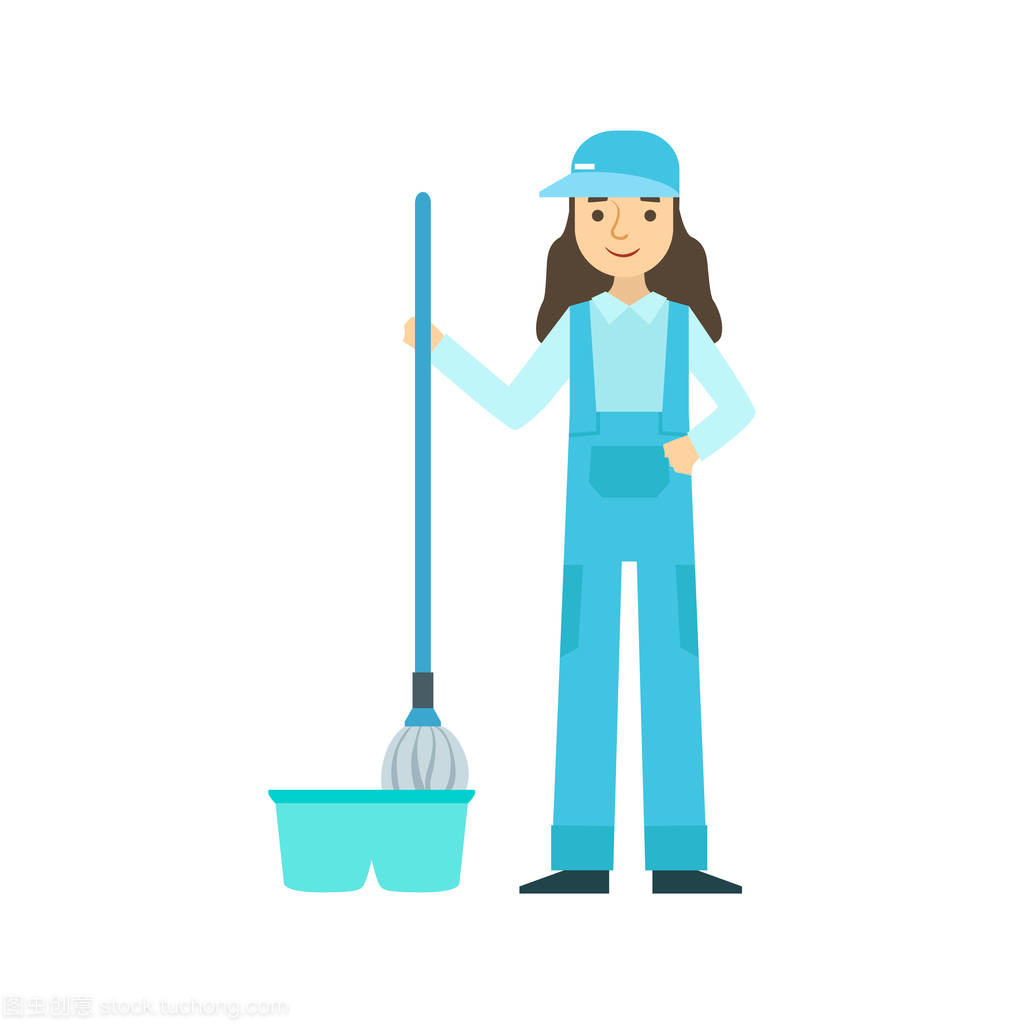 拖把洗地板、 清洗服务专业清洁剂均匀在家庭中的女孩